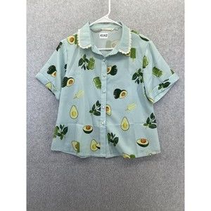 Miss Point Women's Button Front Blouse Avocado Print XL Short Sleeve Cuffed